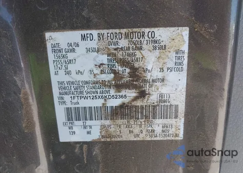 2006 Ford F-150 Lariat/Xlt from USA, damaged, VIN 1FTPW125X6KD52365